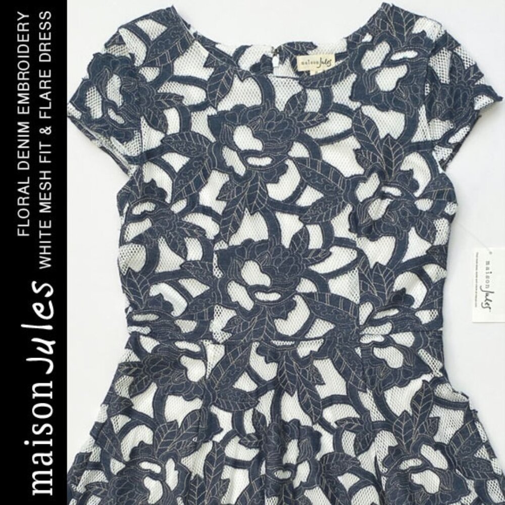 NWT Maison Jules Denim Laser-Cut Embroidery Mesh Fit & Flare Dress Size S